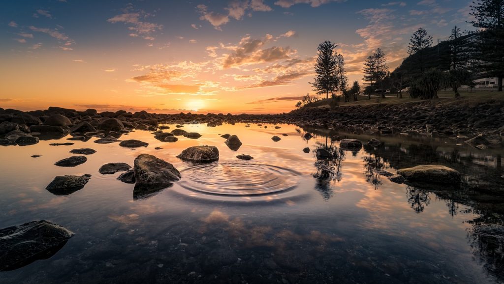 lake sunset rocks bank conifers 1802337